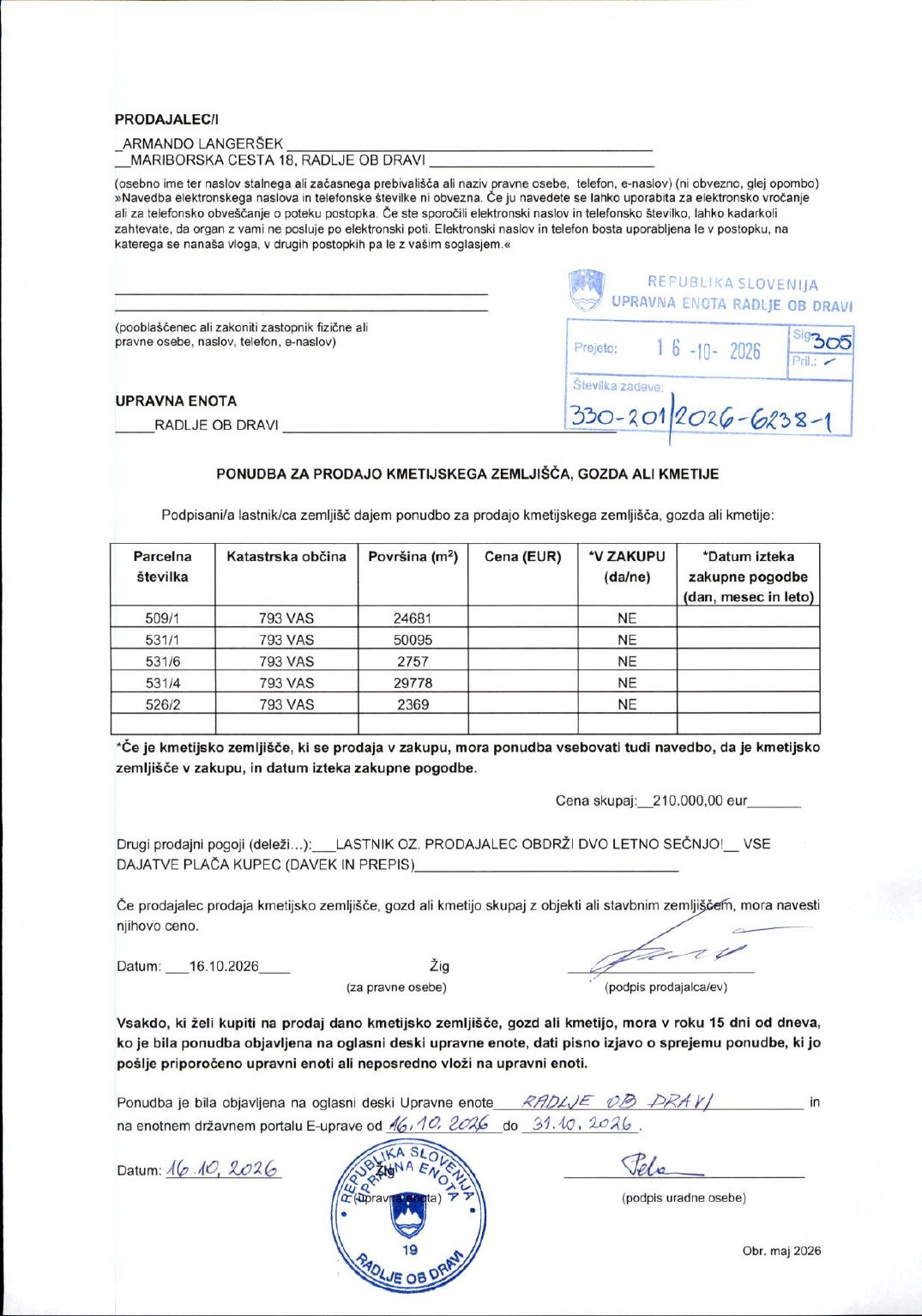 Prva stran objavljene ponudbe, kot jo je oddal prodajalec upravni enoti.