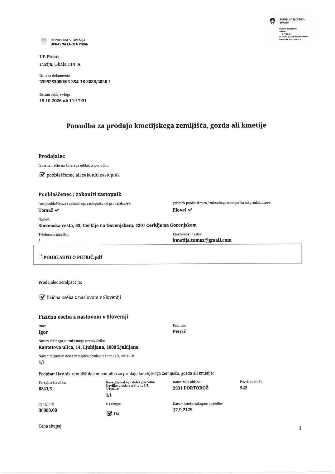 Prva stran objavljene ponudbe, kot jo je oddal prodajalec upravni enoti.