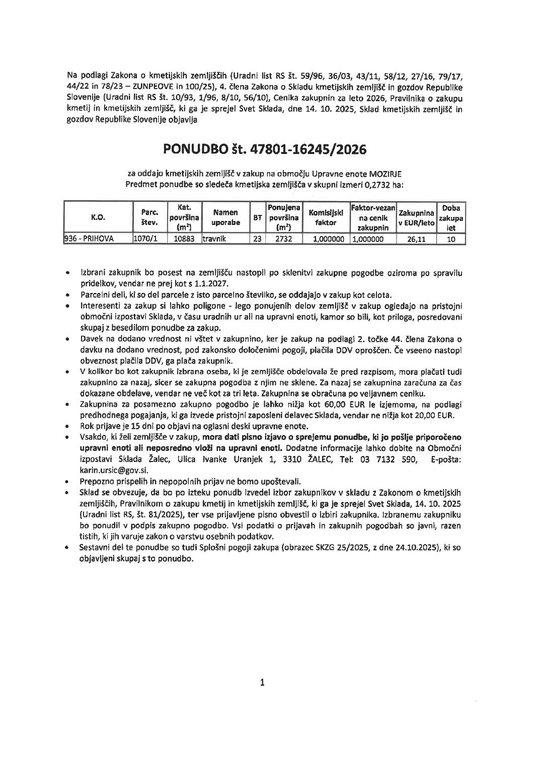 Prva stran objavljene ponudbe, kot jo je oddal prodajalec upravni enoti.