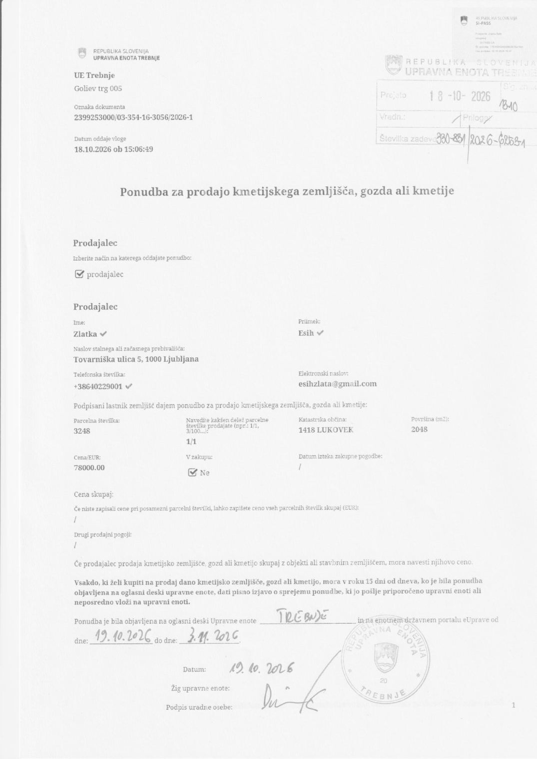 Prva stran objavljene ponudbe, kot jo je oddal prodajalec upravni enoti.