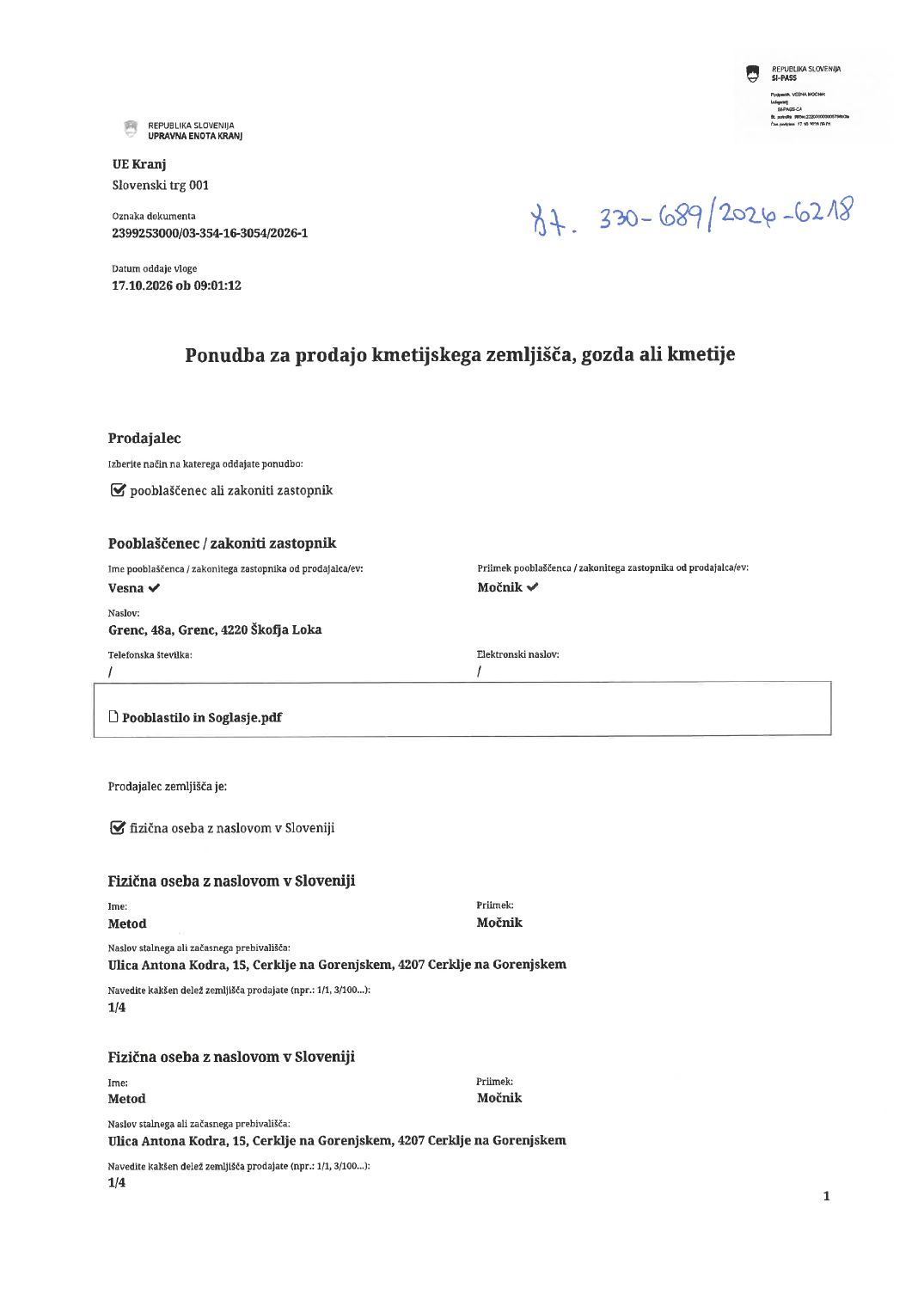Prva stran objavljene ponudbe, kot jo je oddal prodajalec upravni enoti.