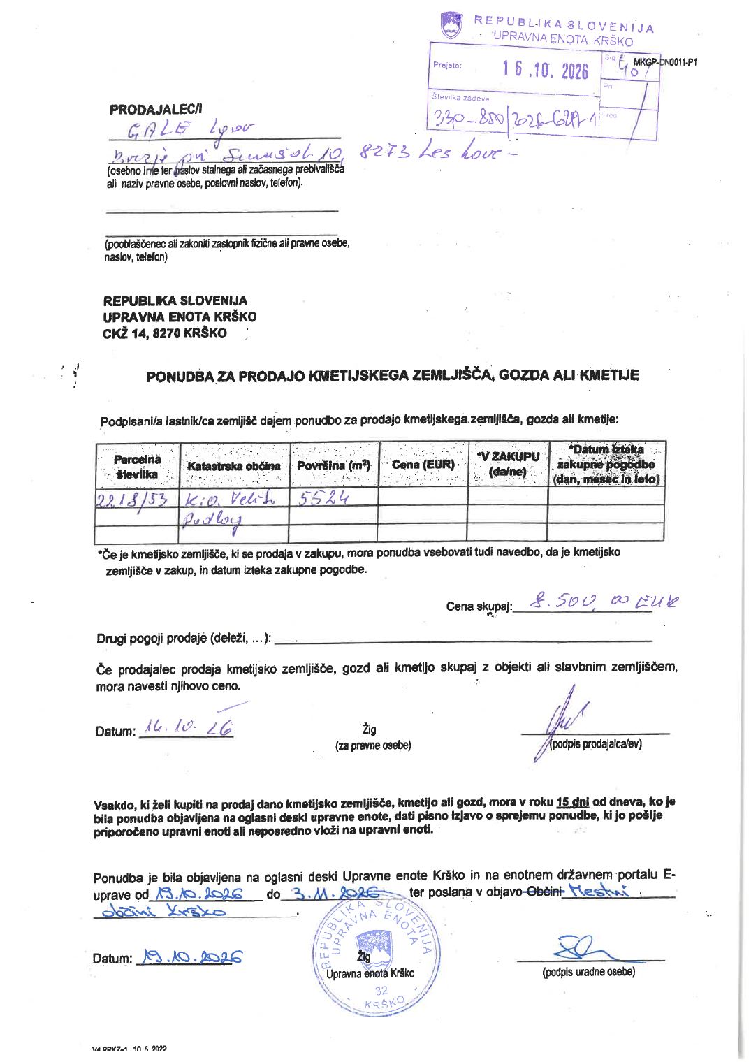 Prva stran objavljene ponudbe, kot jo je oddal prodajalec upravni enoti.
