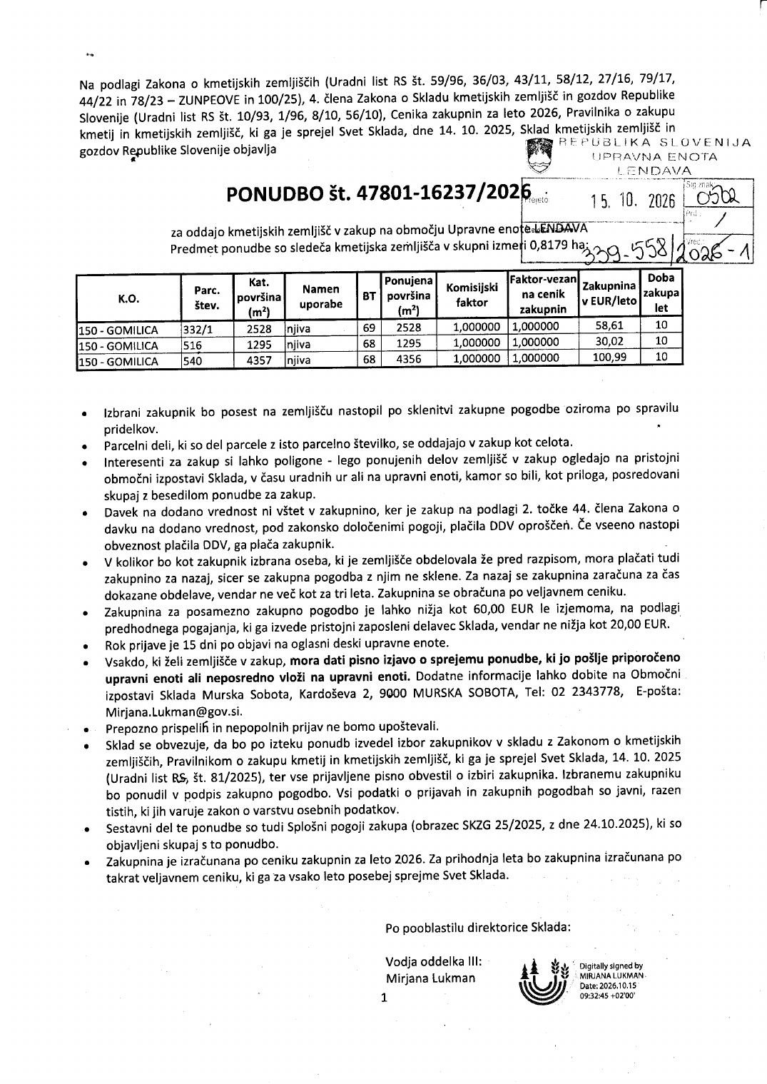 Prva stran objavljene ponudbe, kot jo je oddal prodajalec upravni enoti.
