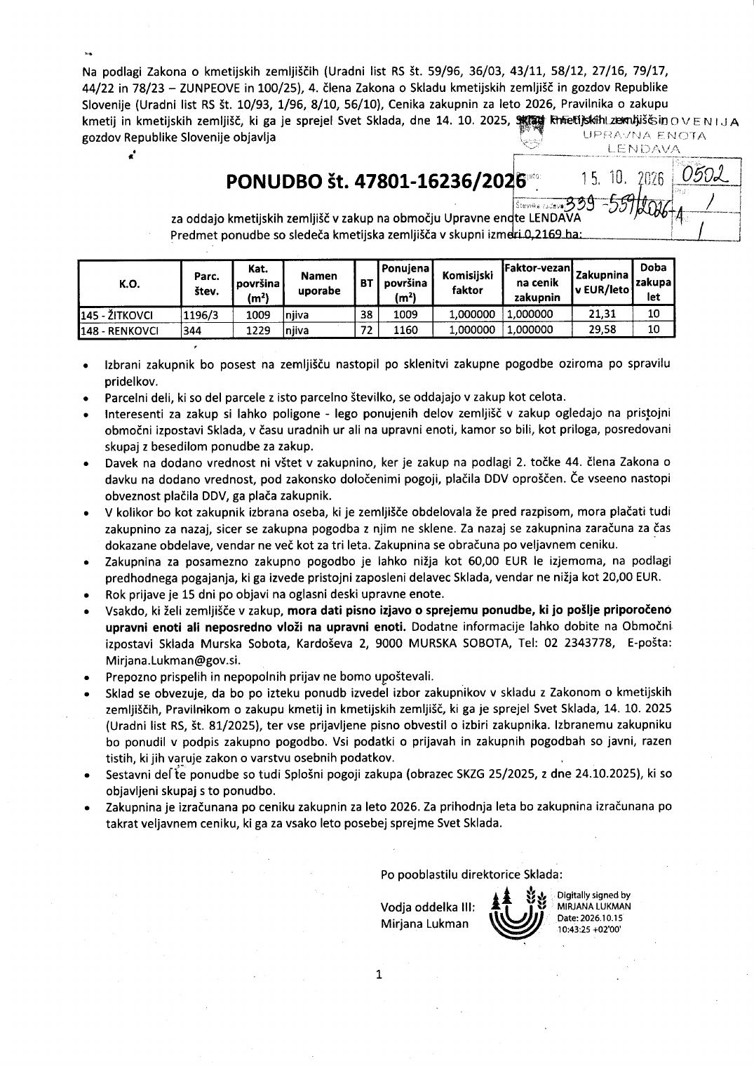 Prva stran objavljene ponudbe, kot jo je oddal prodajalec upravni enoti.