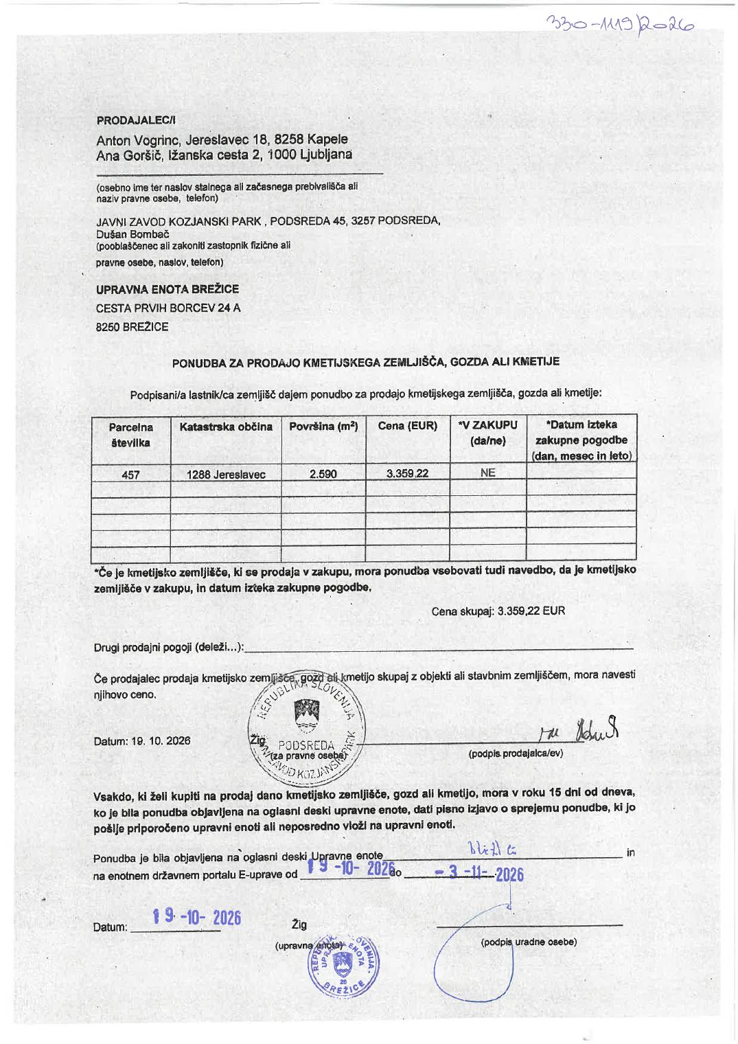 Prva stran objavljene ponudbe, kot jo je oddal prodajalec upravni enoti.