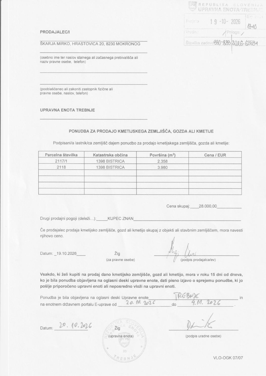Prva stran objavljene ponudbe, kot jo je oddal prodajalec upravni enoti.