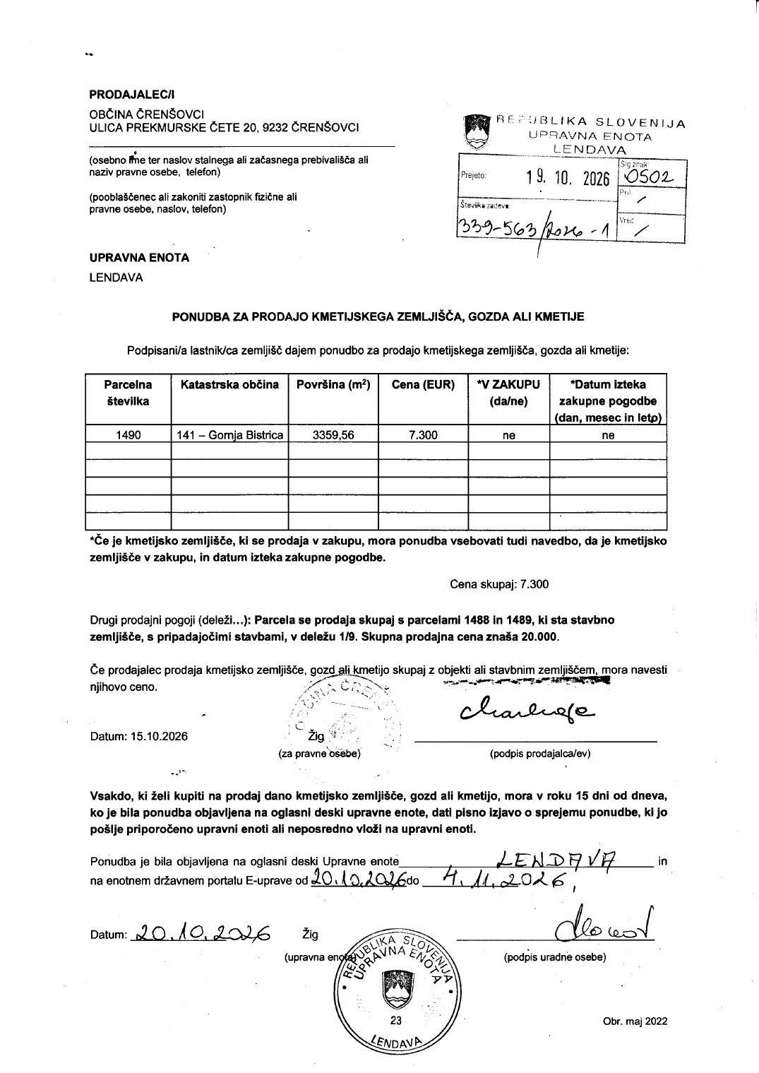 Prva stran objavljene ponudbe, kot jo je oddal prodajalec upravni enoti.