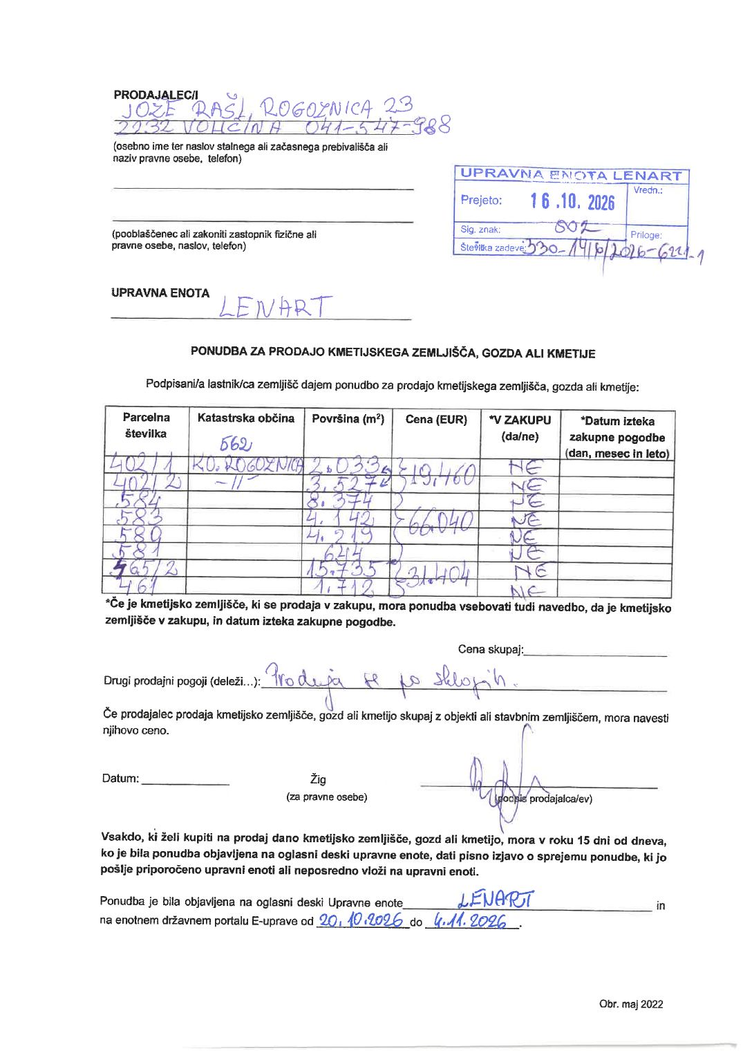 Prva stran objavljene ponudbe, kot jo je oddal prodajalec upravni enoti.