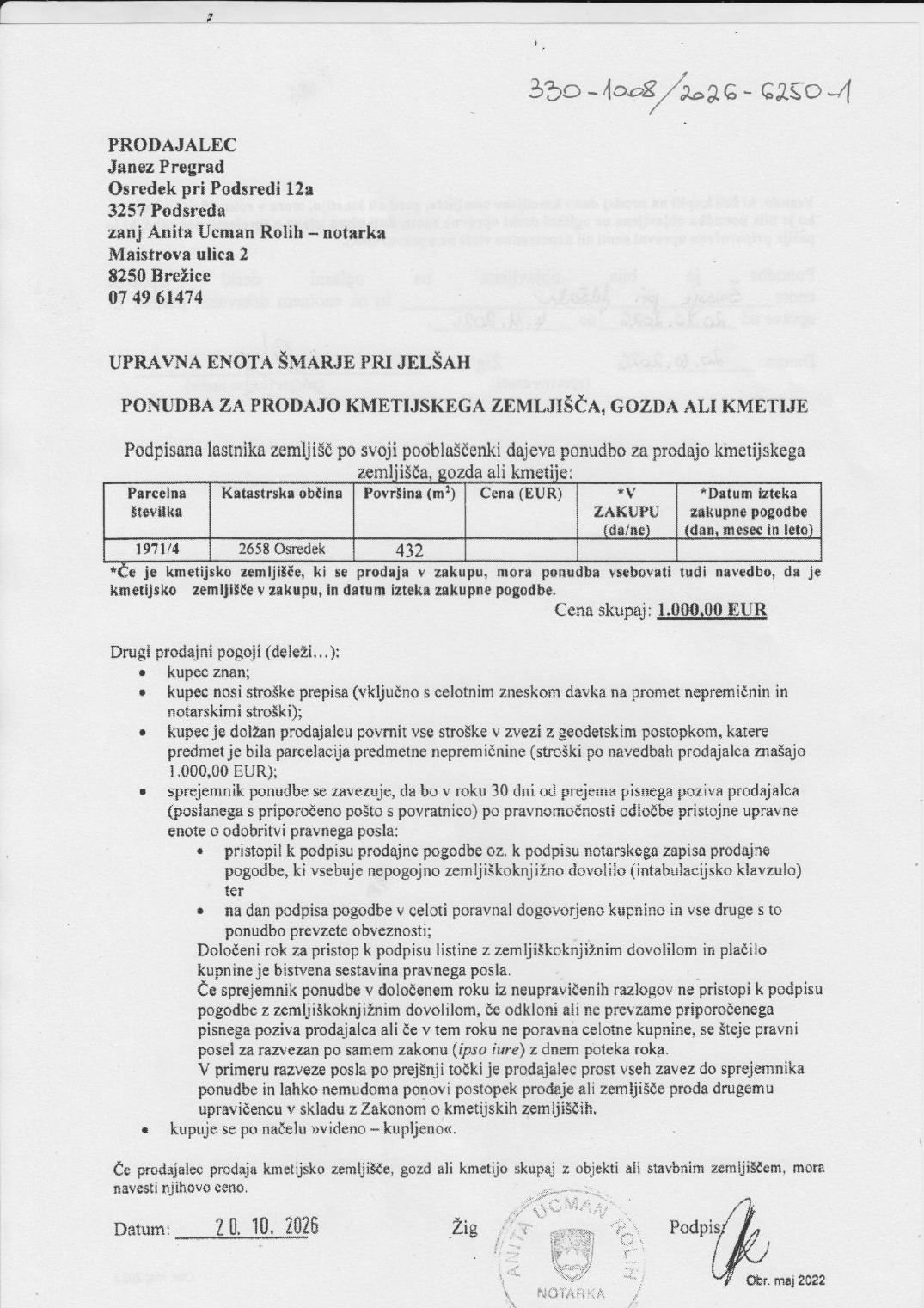 Prva stran objavljene ponudbe, kot jo je oddal prodajalec upravni enoti.