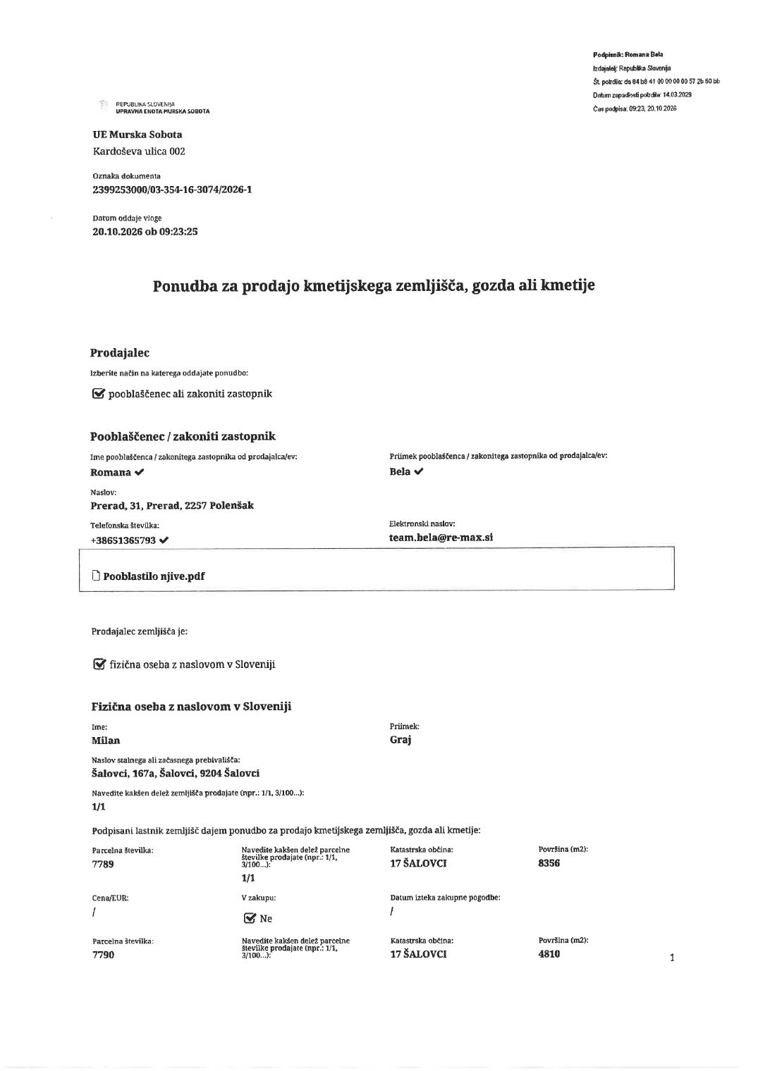 Prva stran objavljene ponudbe, kot jo je oddal prodajalec upravni enoti.