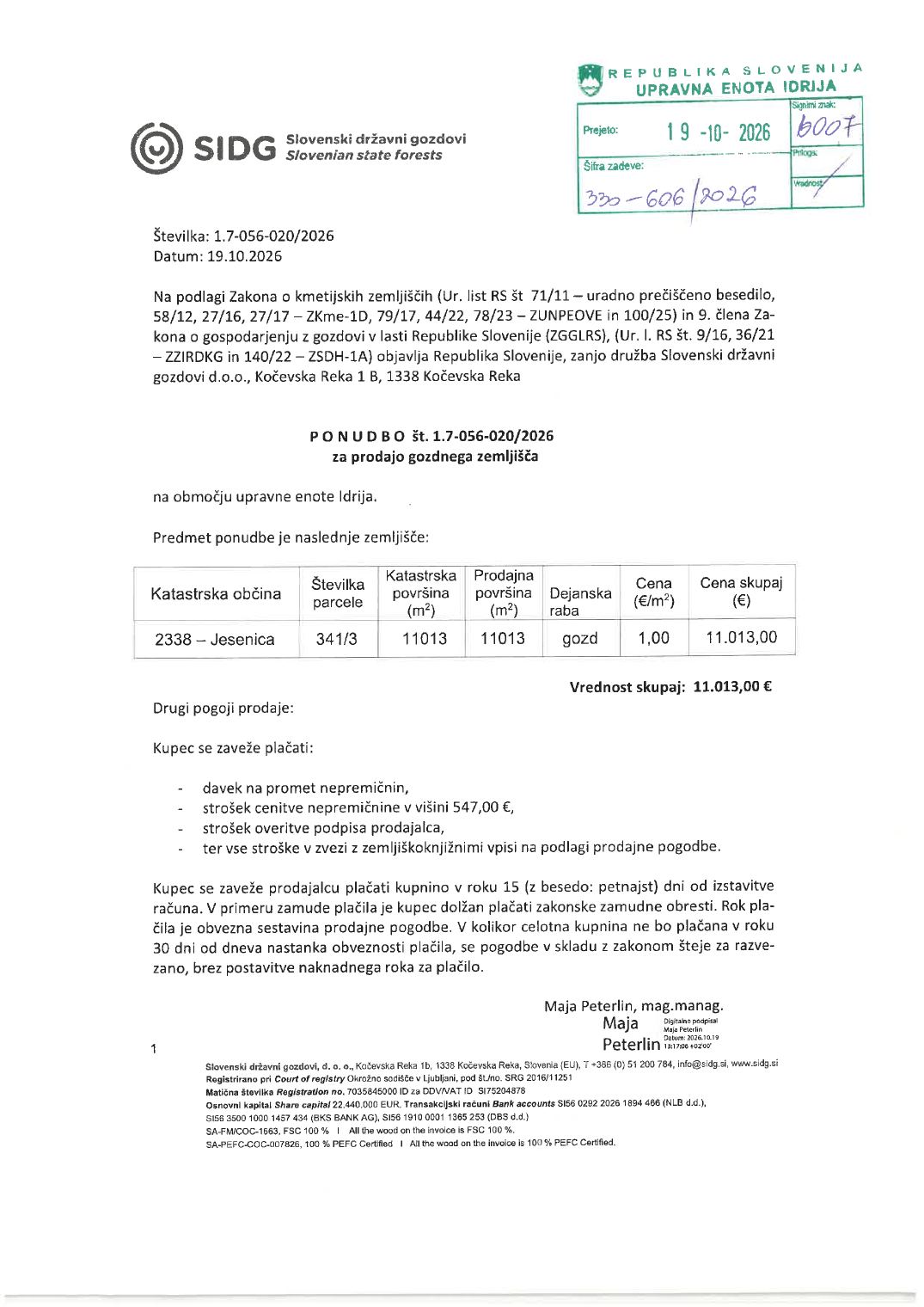 Prva stran objavljene ponudbe, kot jo je oddal prodajalec upravni enoti.