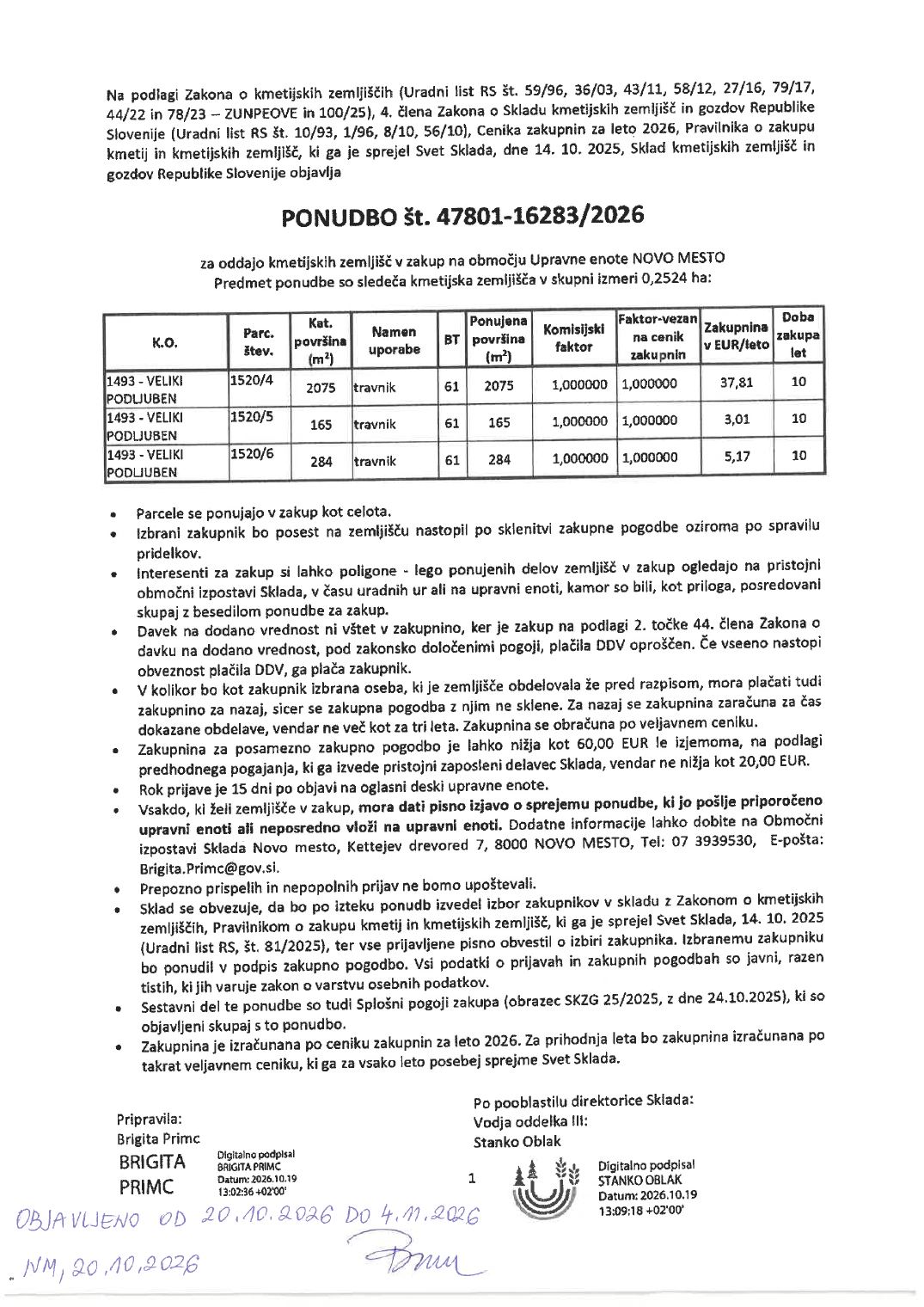 Prva stran objavljene ponudbe, kot jo je oddal prodajalec upravni enoti.