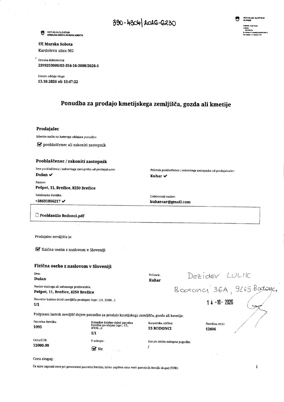 Prva stran objavljene ponudbe, kot jo je oddal prodajalec upravni enoti.