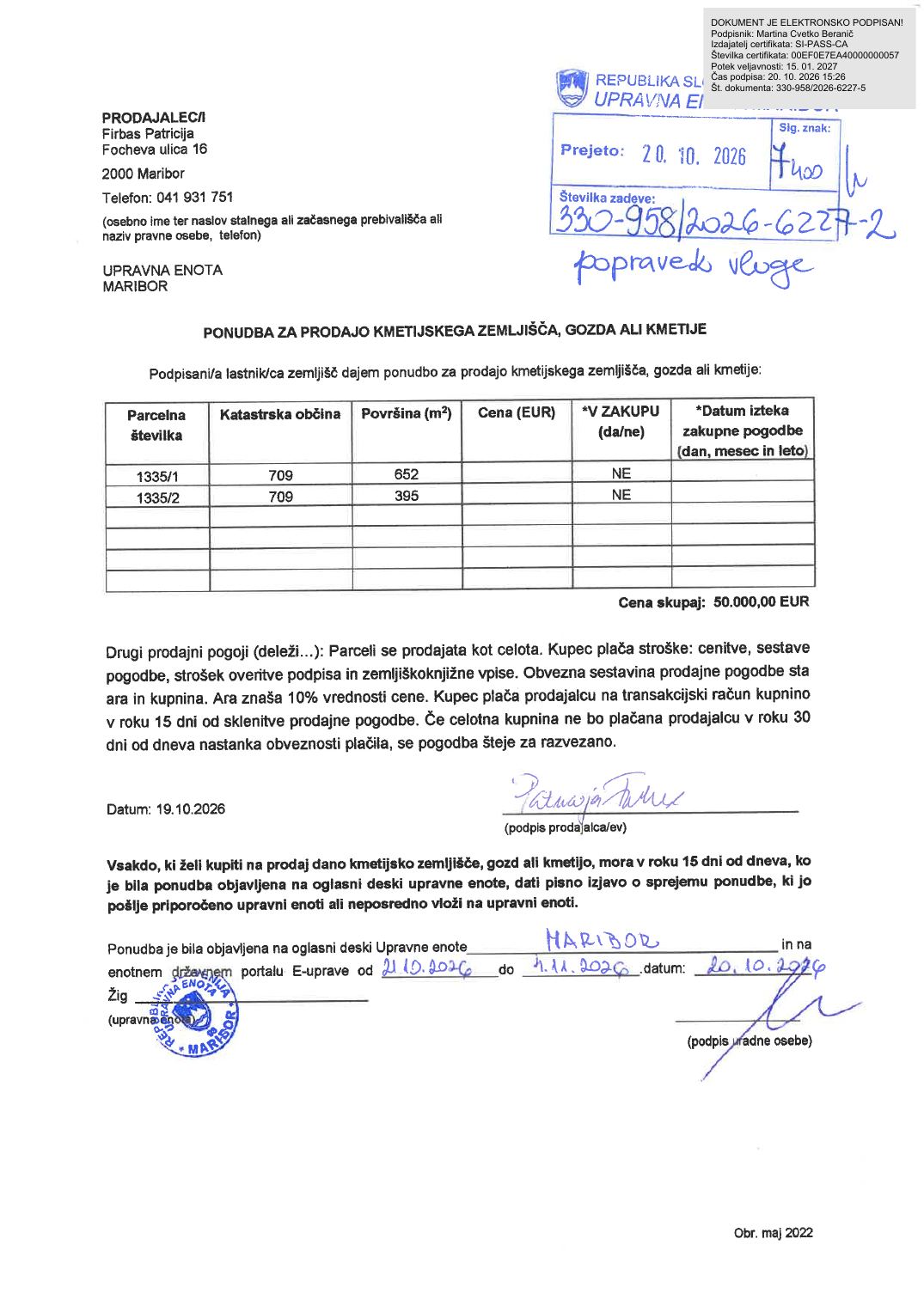 Prva stran objavljene ponudbe, kot jo je oddal prodajalec upravni enoti.