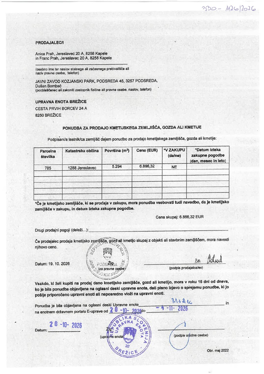 Prva stran objavljene ponudbe, kot jo je oddal prodajalec upravni enoti.