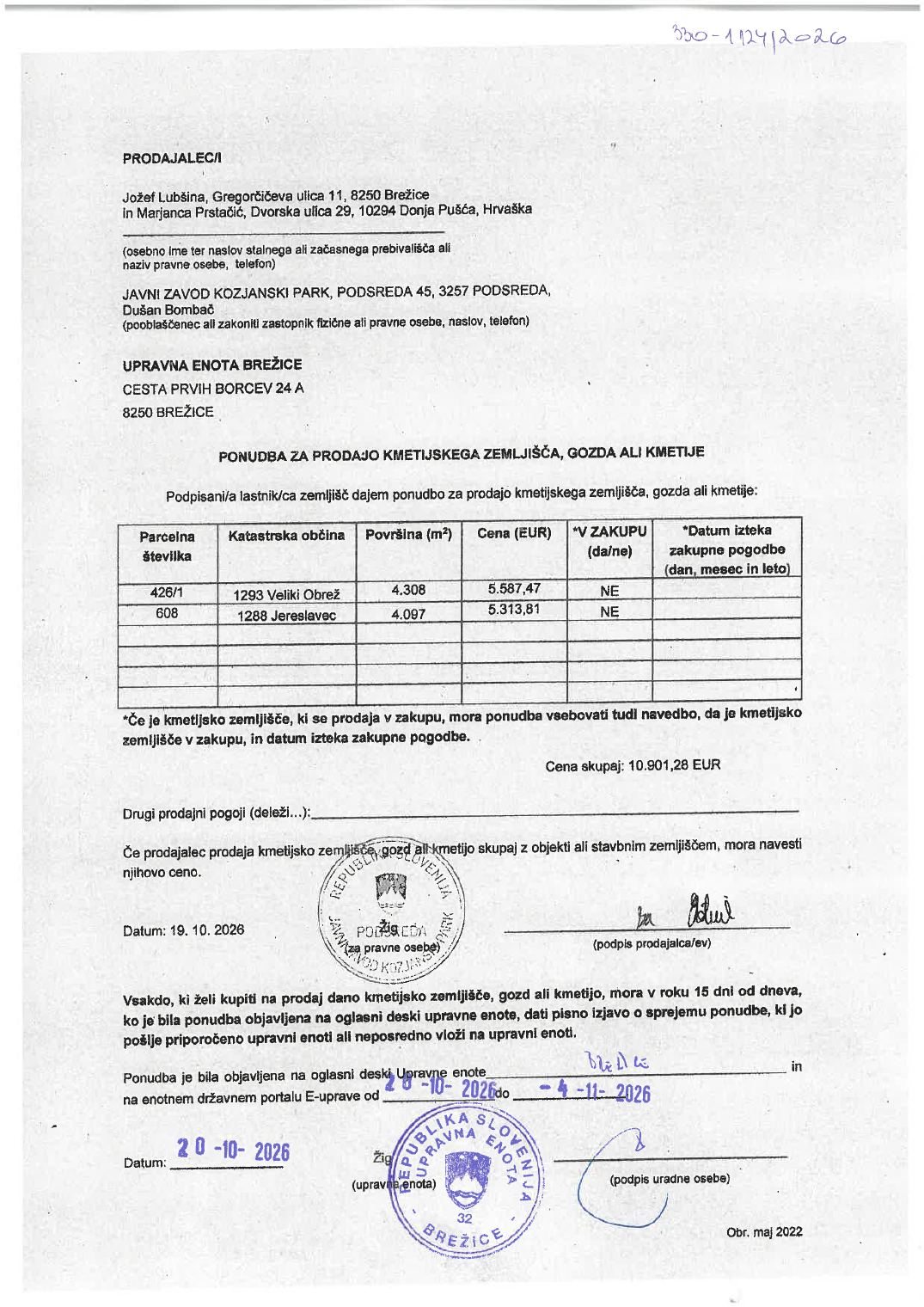 Prva stran objavljene ponudbe, kot jo je oddal prodajalec upravni enoti.