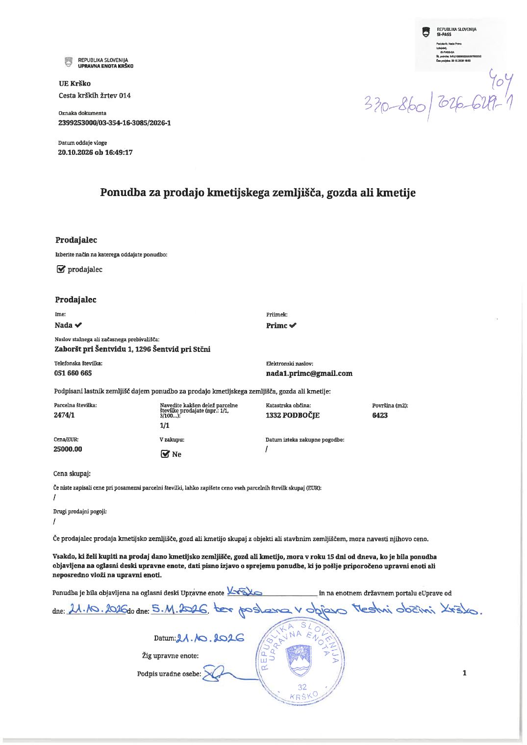 Prva stran objavljene ponudbe, kot jo je oddal prodajalec upravni enoti.