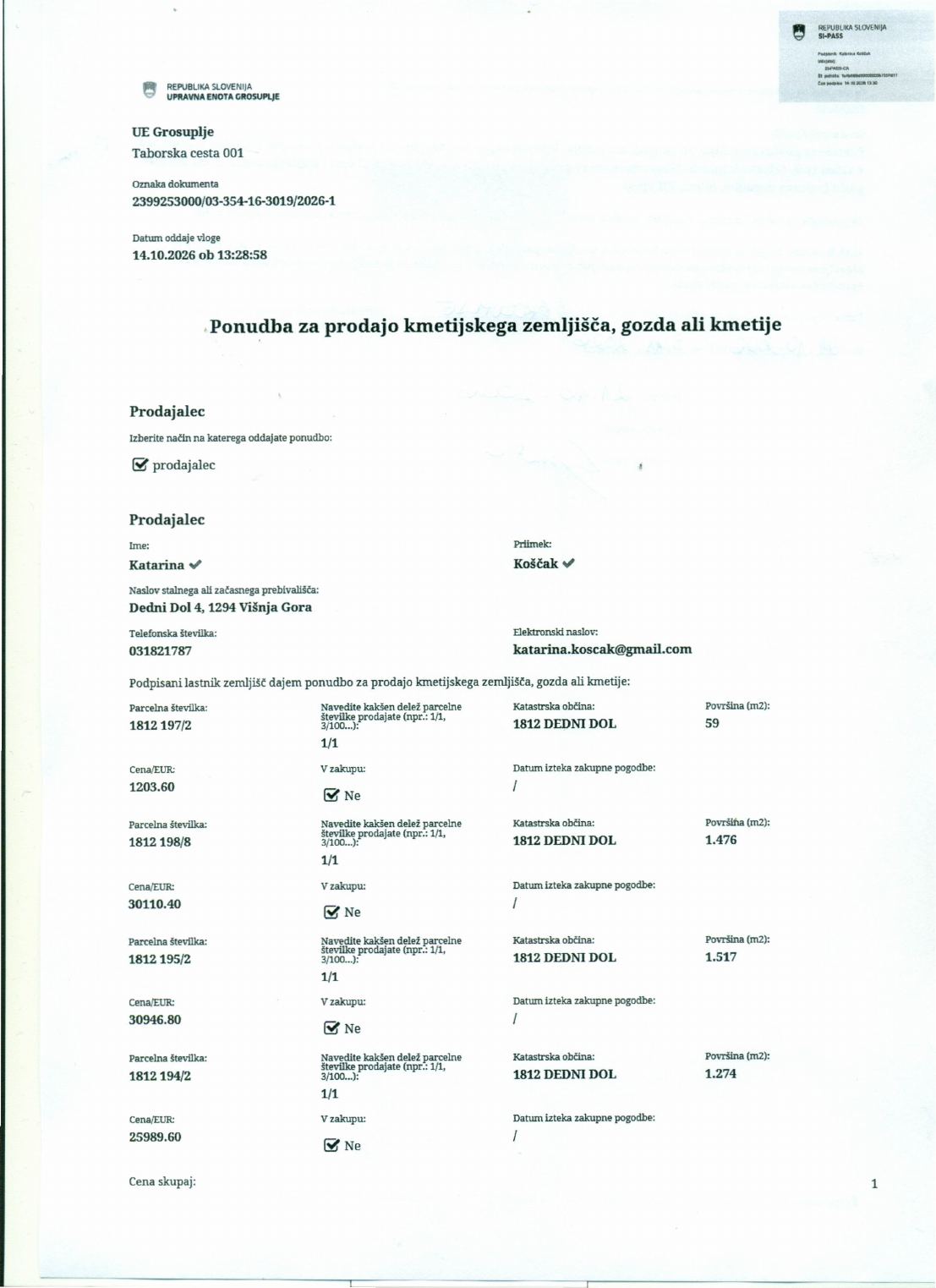 Prva stran objavljene ponudbe, kot jo je oddal prodajalec upravni enoti.