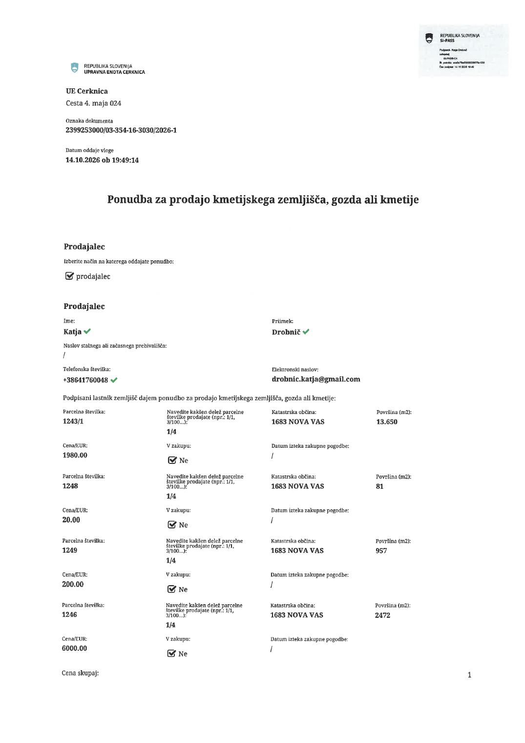 Prva stran objavljene ponudbe, kot jo je oddal prodajalec upravni enoti.
