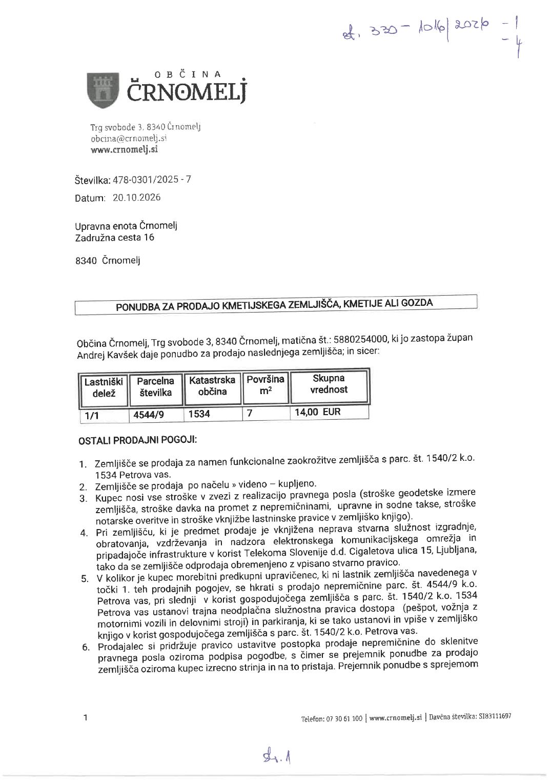 Prva stran objavljene ponudbe, kot jo je oddal prodajalec upravni enoti.