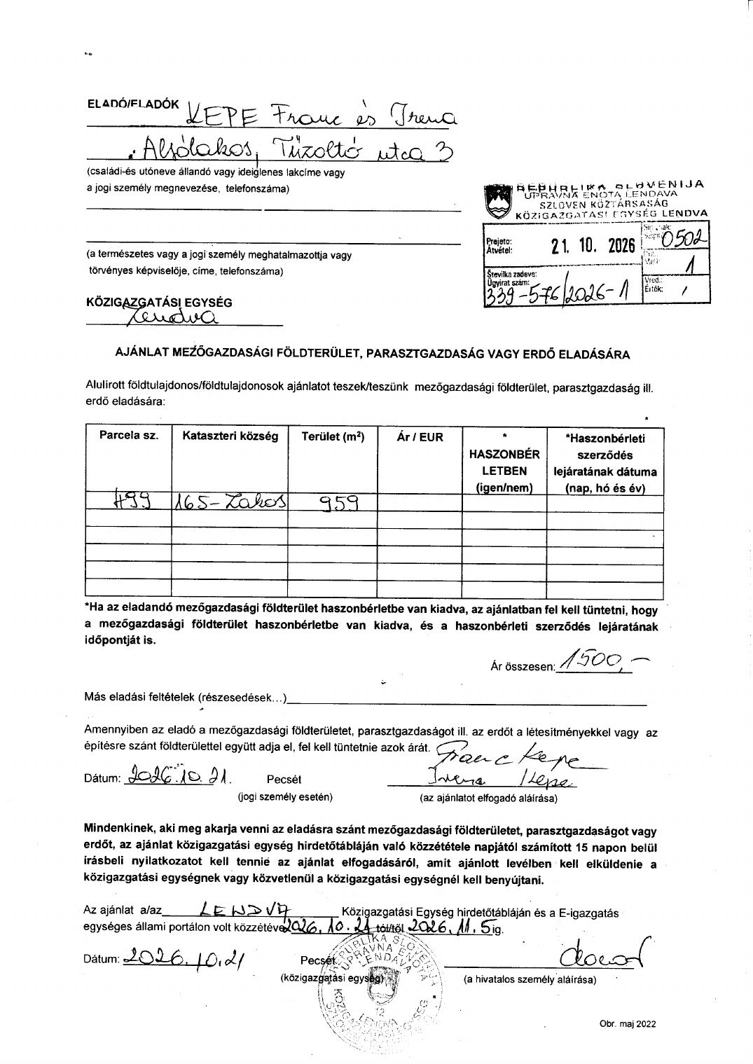 Prva stran objavljene ponudbe, kot jo je oddal prodajalec upravni enoti.