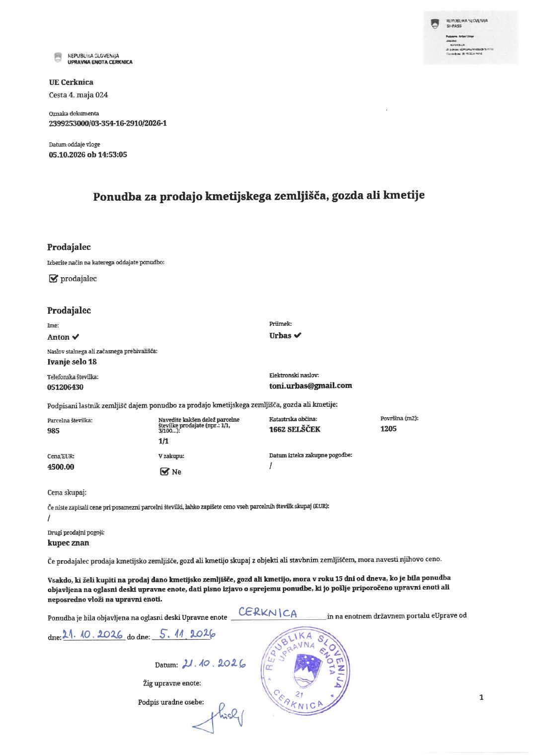 Prva stran objavljene ponudbe, kot jo je oddal prodajalec upravni enoti.