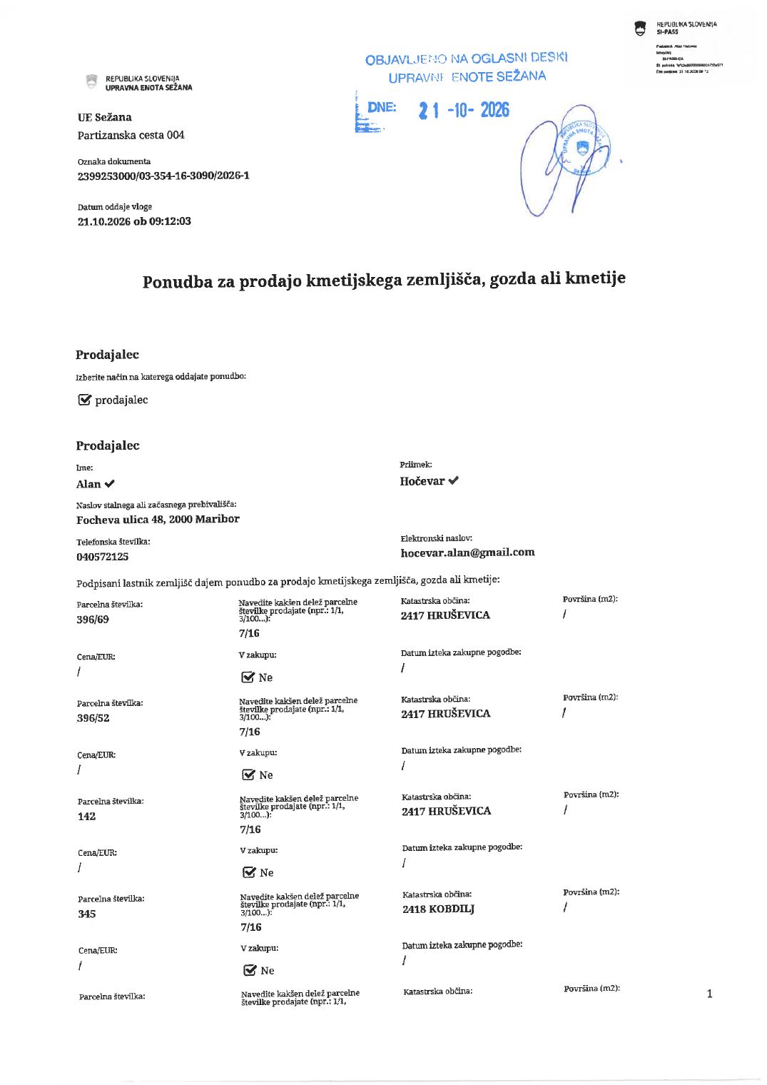 Prva stran objavljene ponudbe, kot jo je oddal prodajalec upravni enoti.