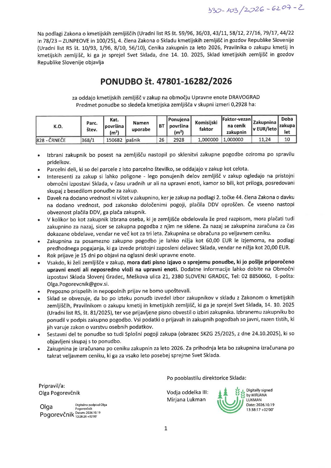 Prva stran objavljene ponudbe, kot jo je oddal prodajalec upravni enoti.