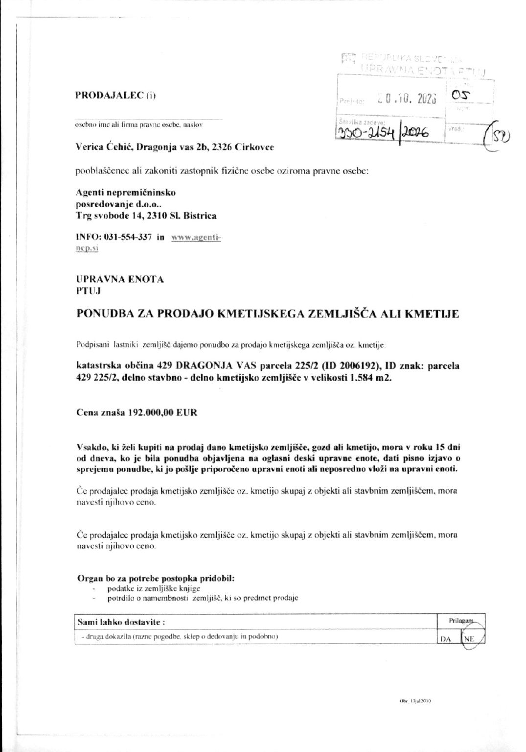 Prva stran objavljene ponudbe, kot jo je oddal prodajalec upravni enoti.