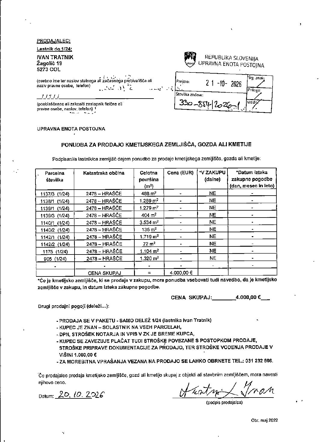 Prva stran objavljene ponudbe, kot jo je oddal prodajalec upravni enoti.
