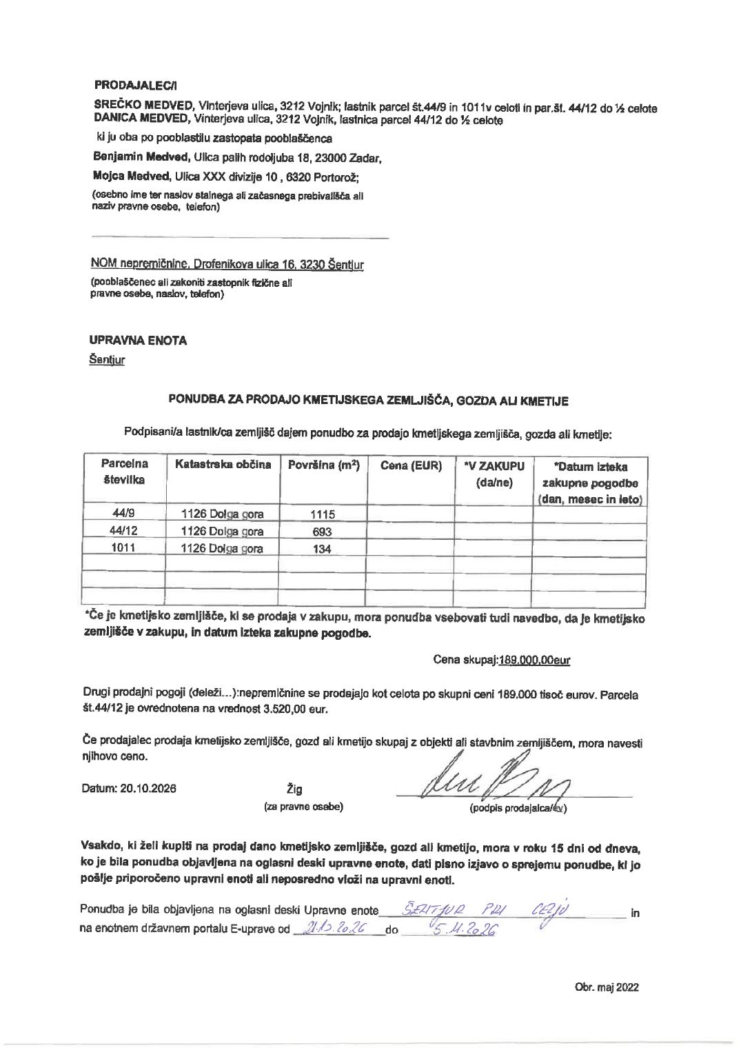 Prva stran objavljene ponudbe, kot jo je oddal prodajalec upravni enoti.