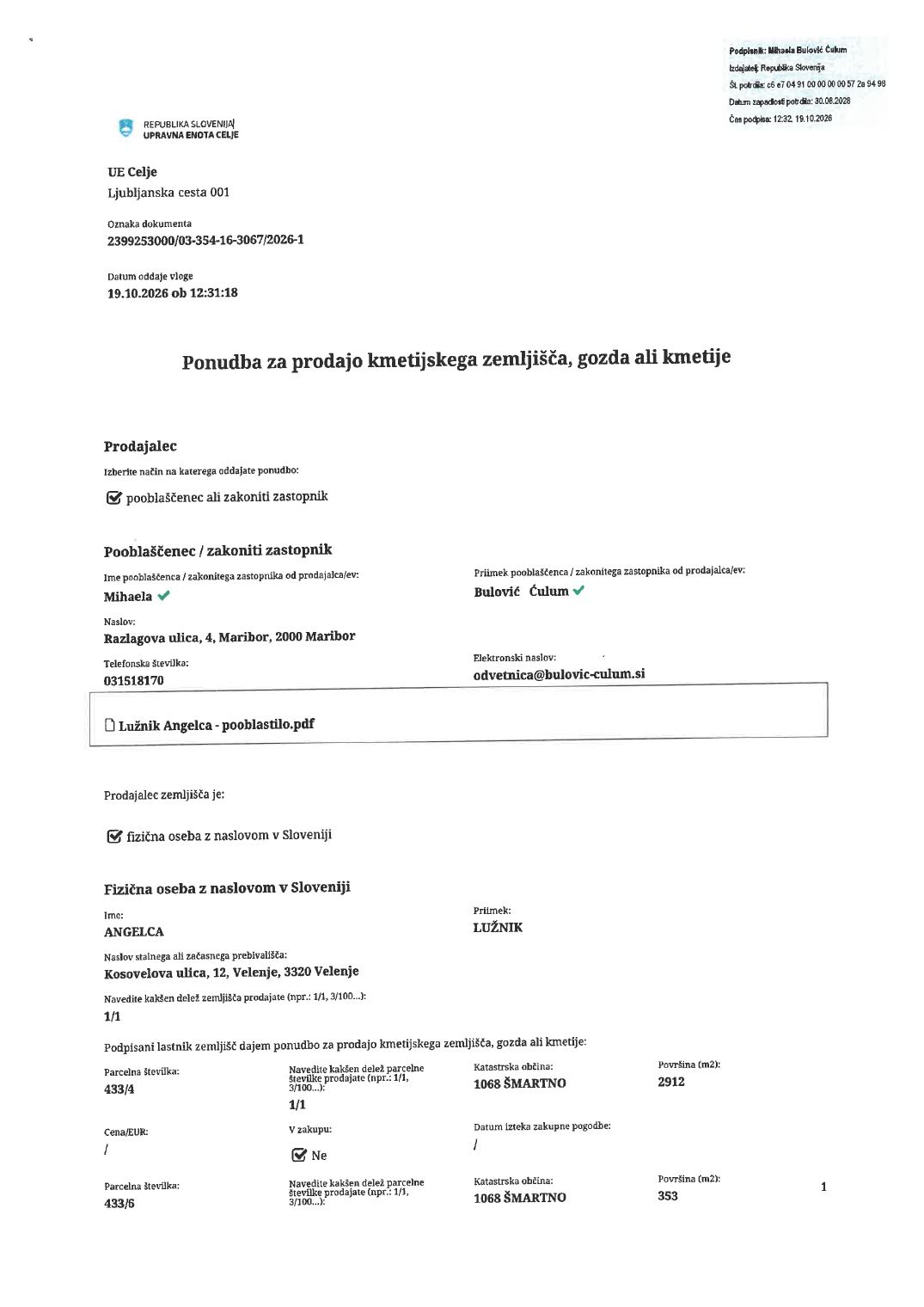 Prva stran objavljene ponudbe, kot jo je oddal prodajalec upravni enoti.