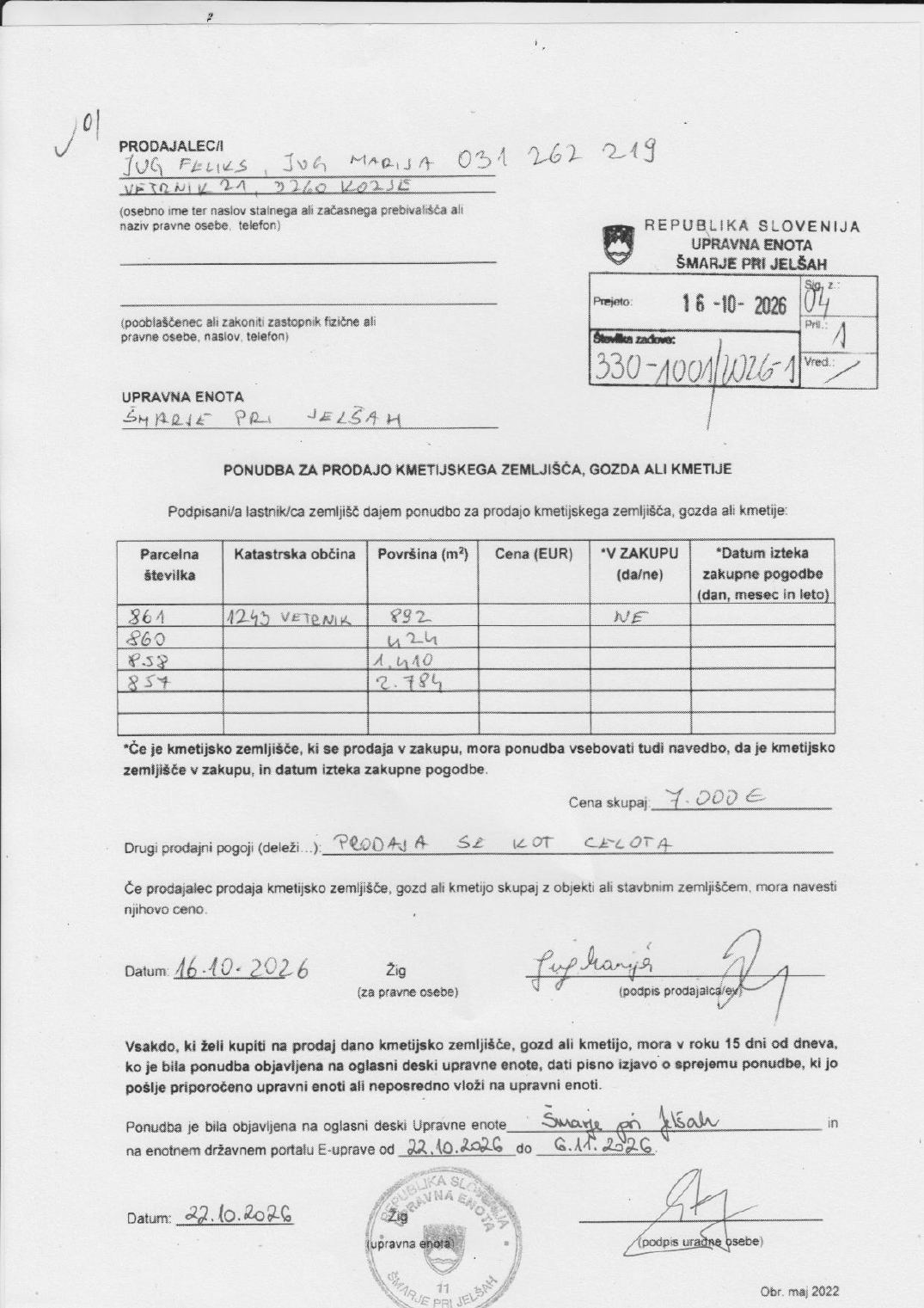 Prva stran objavljene ponudbe, kot jo je oddal prodajalec upravni enoti.
