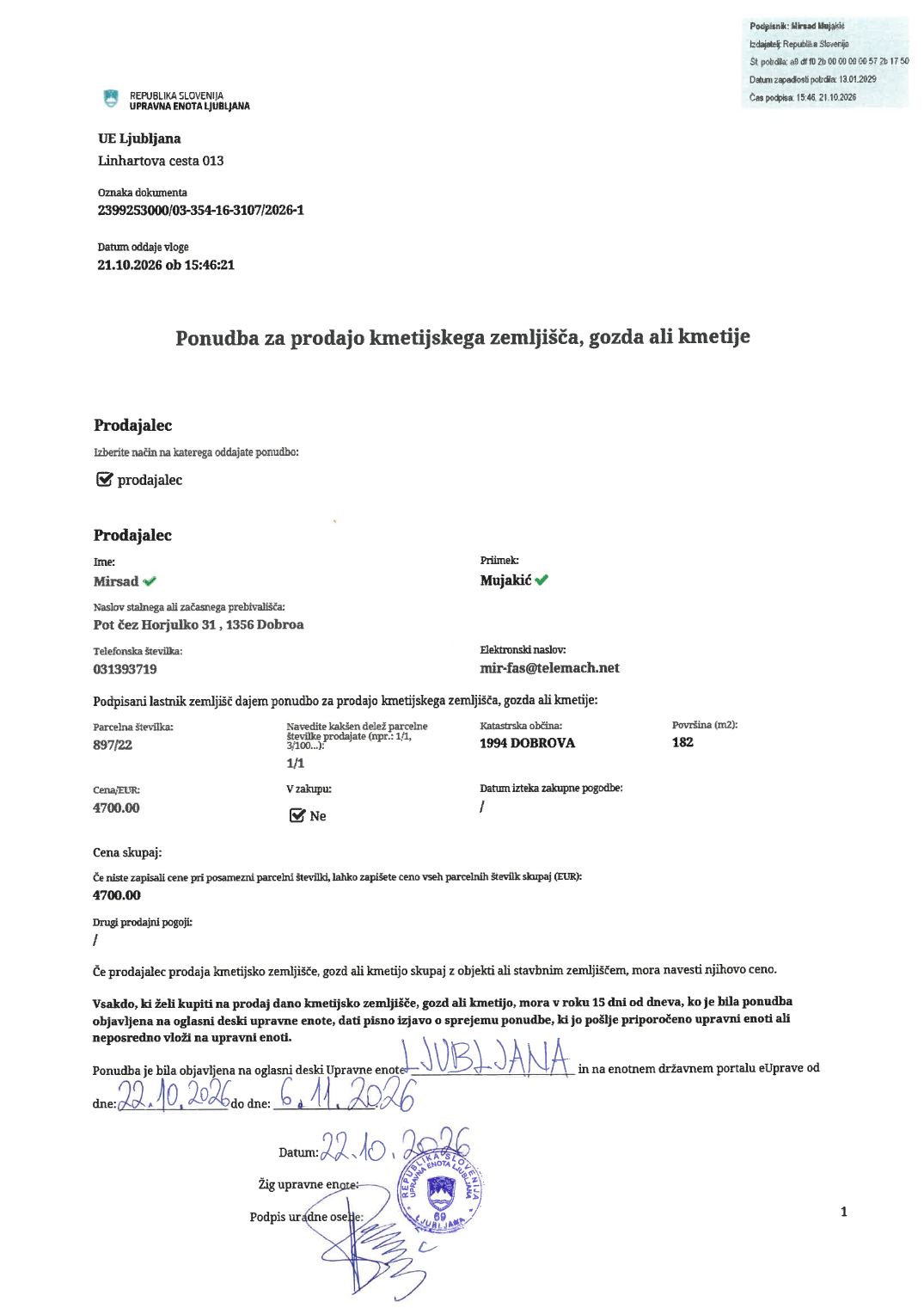 Prva stran objavljene ponudbe, kot jo je oddal prodajalec upravni enoti.