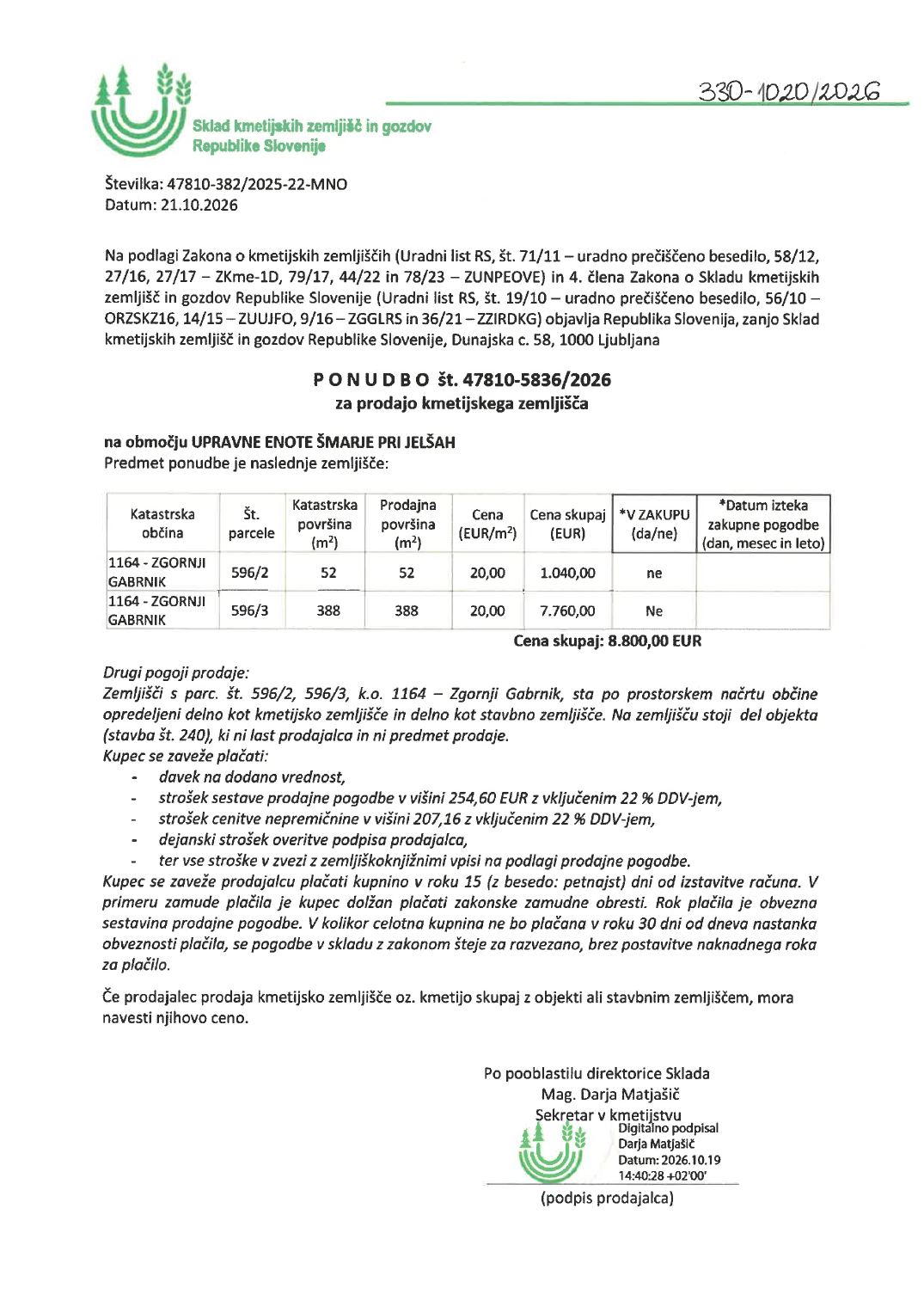Prva stran objavljene ponudbe, kot jo je oddal prodajalec upravni enoti.