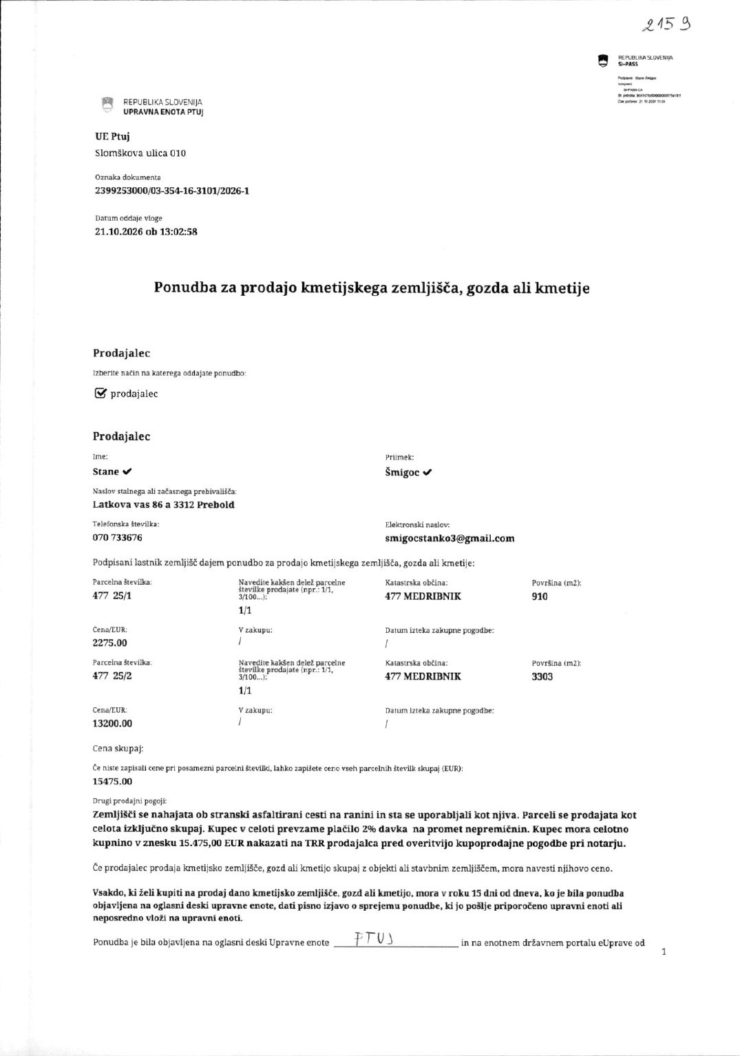Prva stran objavljene ponudbe, kot jo je oddal prodajalec upravni enoti.