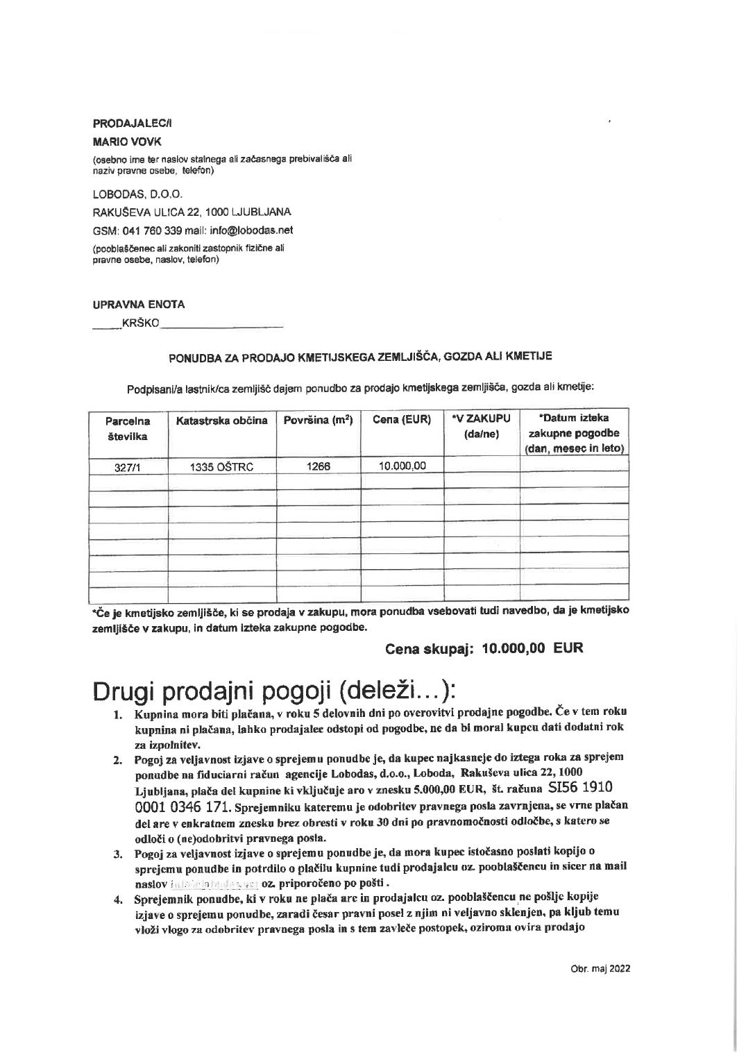 Prva stran objavljene ponudbe, kot jo je oddal prodajalec upravni enoti.