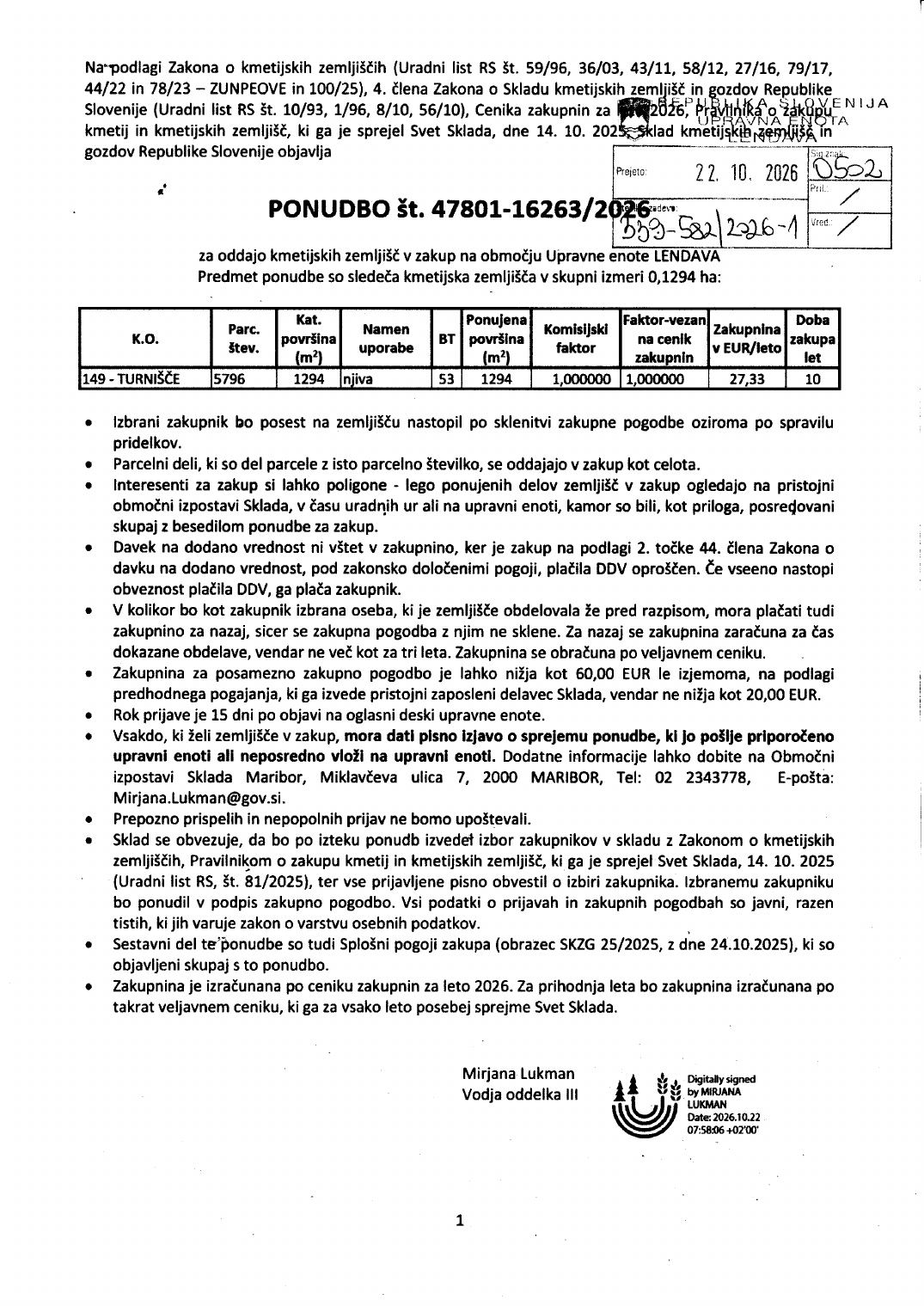 Prva stran objavljene ponudbe, kot jo je oddal prodajalec upravni enoti.