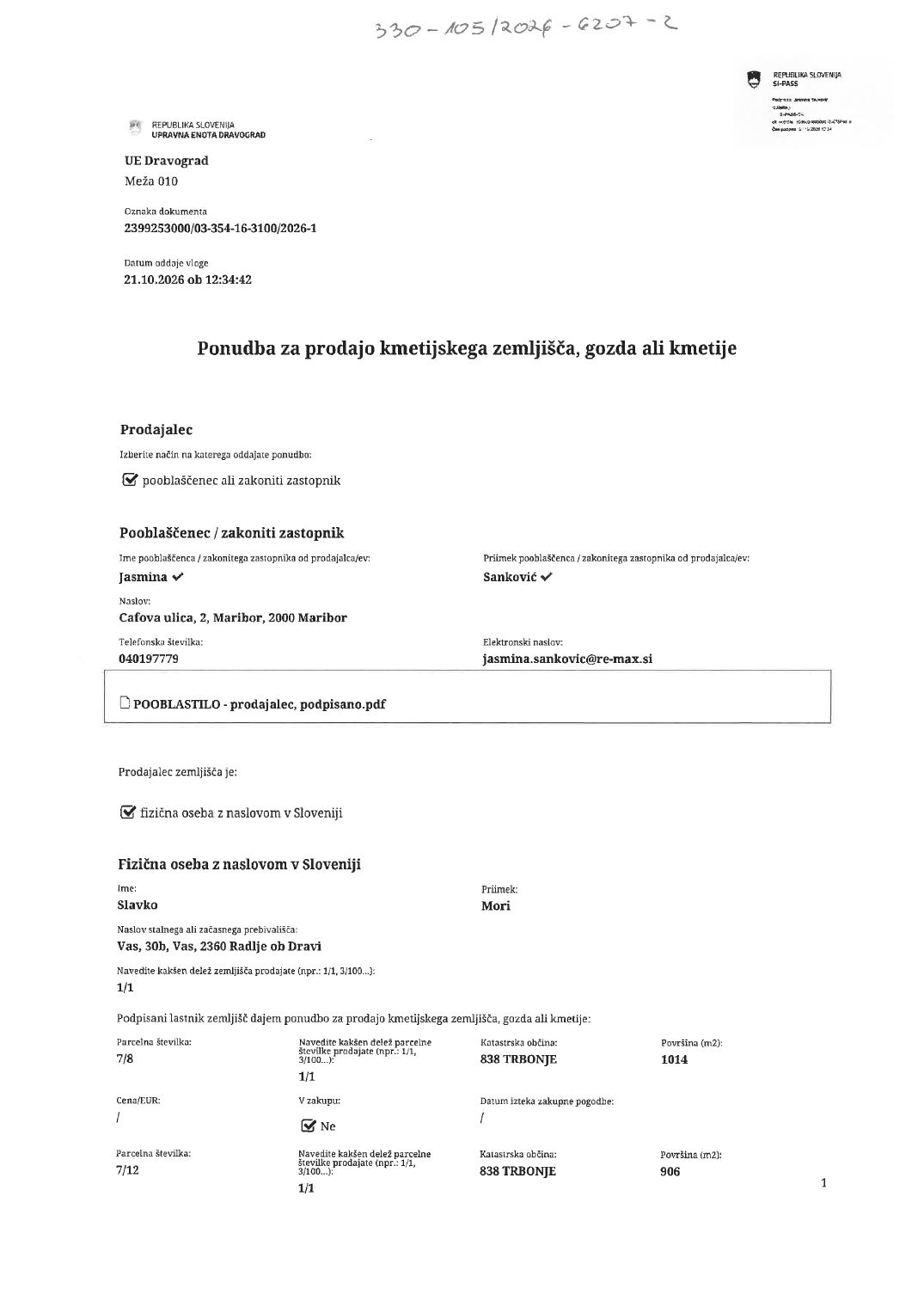 Prva stran objavljene ponudbe, kot jo je oddal prodajalec upravni enoti.