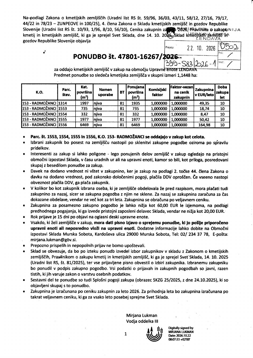 Prva stran objavljene ponudbe, kot jo je oddal prodajalec upravni enoti.