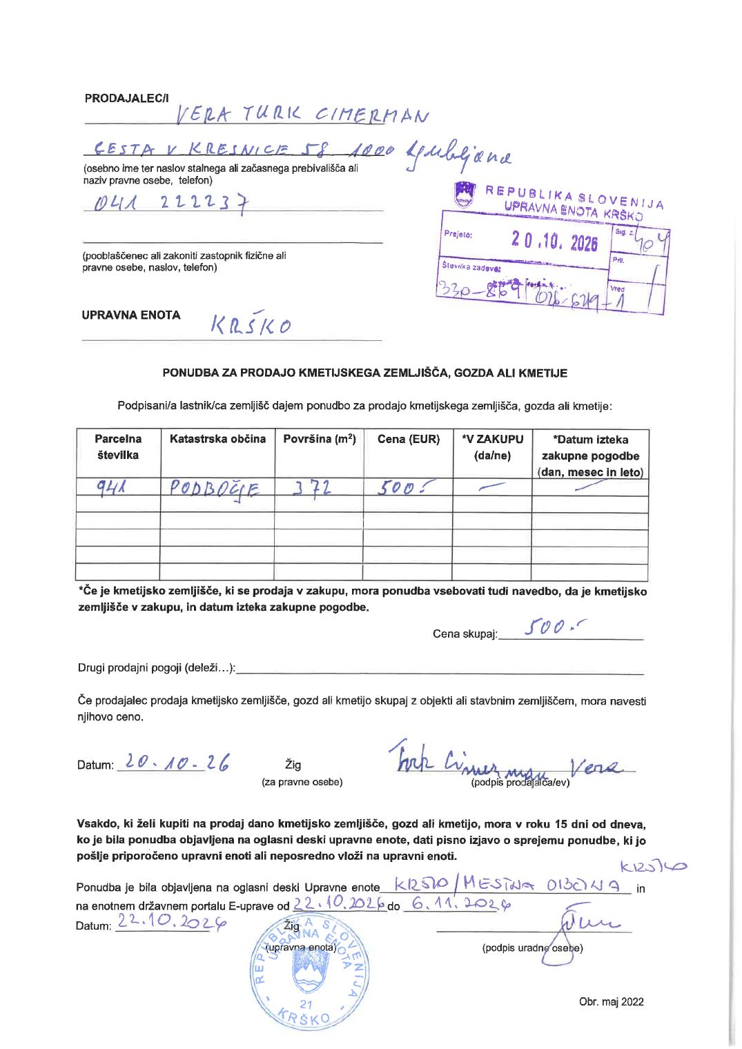 Prva stran objavljene ponudbe, kot jo je oddal prodajalec upravni enoti.