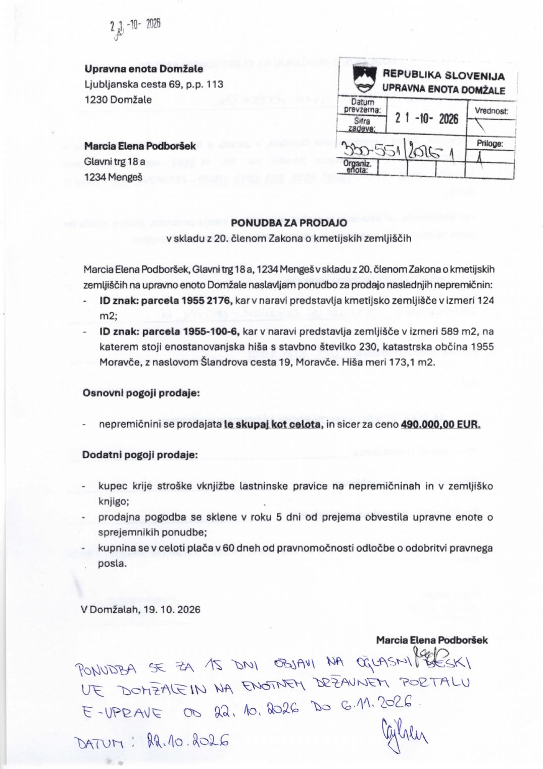 Prva stran objavljene ponudbe, kot jo je oddal prodajalec upravni enoti.