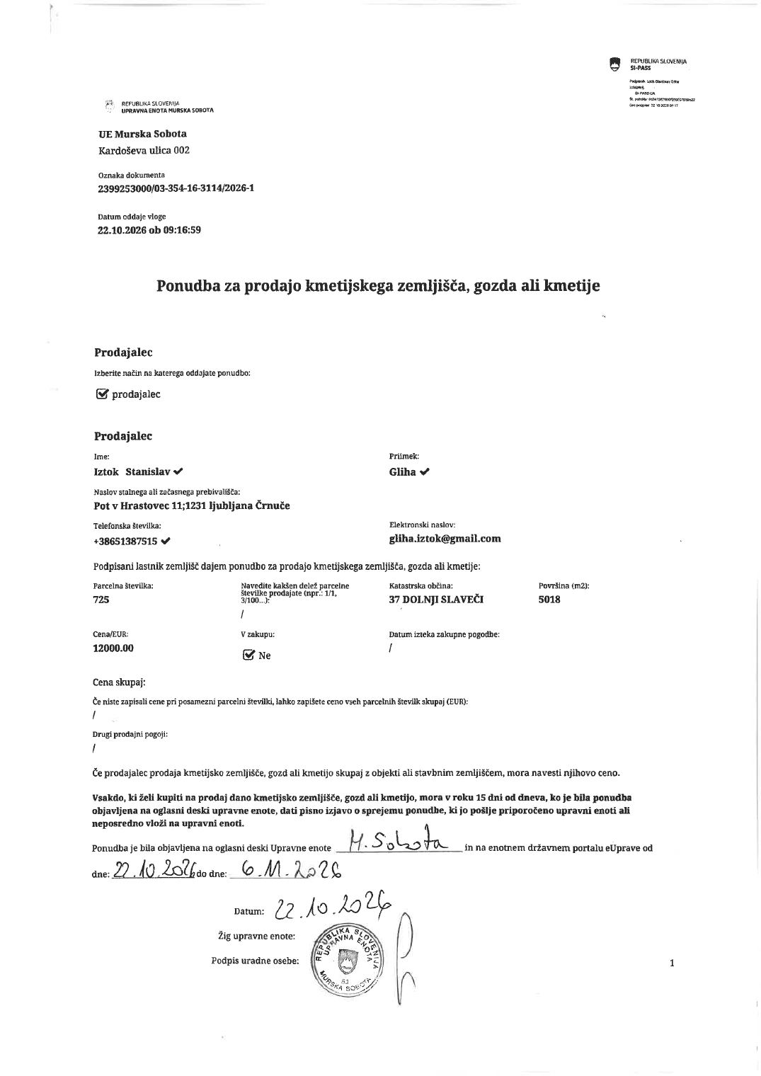 Prva stran objavljene ponudbe, kot jo je oddal prodajalec upravni enoti.