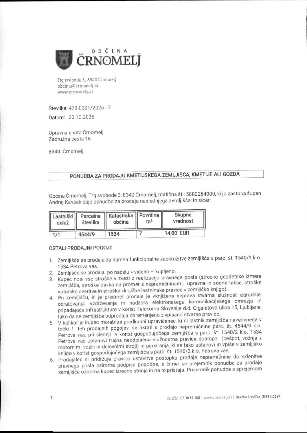 Prva stran objavljene ponudbe, kot jo je oddal prodajalec upravni enoti.