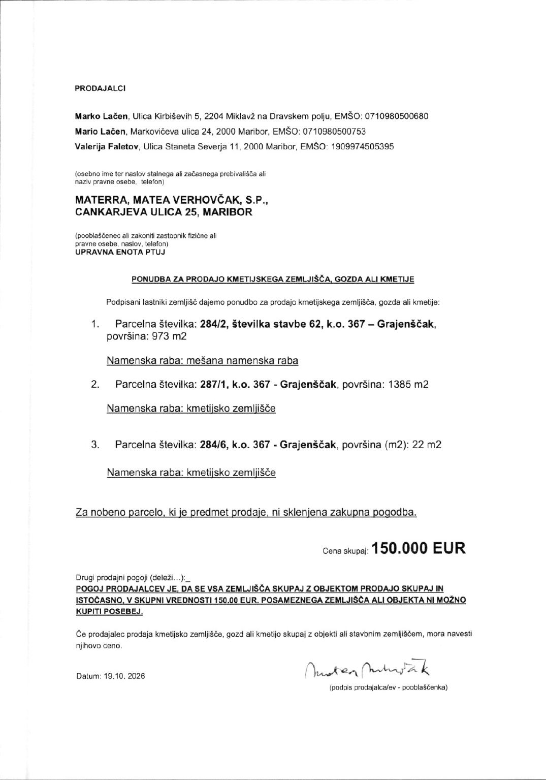 Prva stran objavljene ponudbe, kot jo je oddal prodajalec upravni enoti.