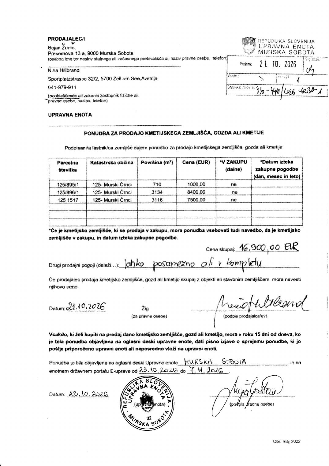 Prva stran objavljene ponudbe, kot jo je oddal prodajalec upravni enoti.