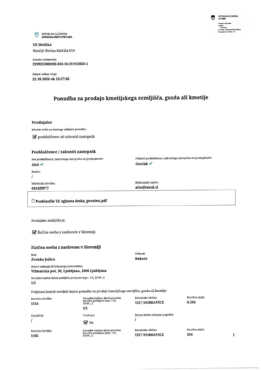 Prva stran objavljene ponudbe, kot jo je oddal prodajalec upravni enoti.