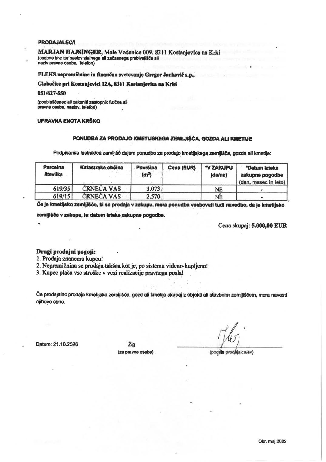 Prva stran objavljene ponudbe, kot jo je oddal prodajalec upravni enoti.
