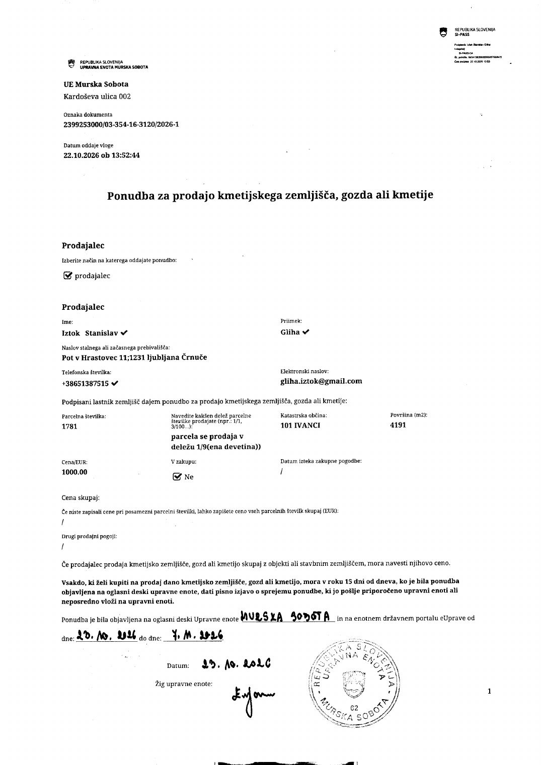 Prva stran objavljene ponudbe, kot jo je oddal prodajalec upravni enoti.