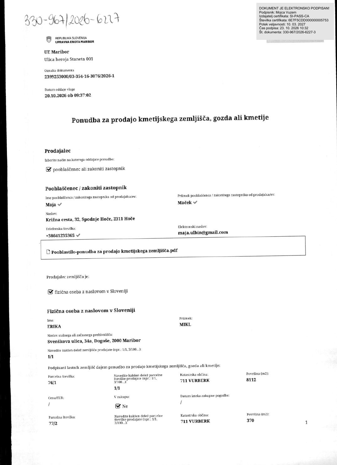 Prva stran objavljene ponudbe, kot jo je oddal prodajalec upravni enoti.